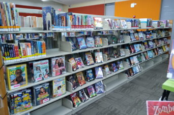 Photo of the new book wall in Youth Services