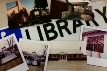 Old Libary Sign and several pictures of the library from the 70s and 80s