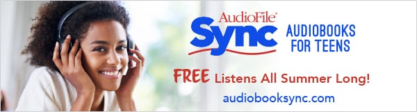 Teenager with headphones on with text "Audiofile Sync audiobooks for Teens"