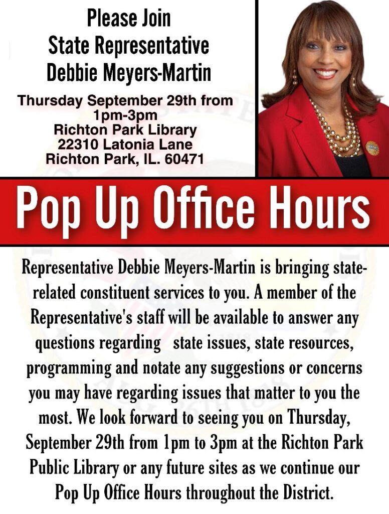 State Rep Debbie Meyes-Martin Pop Up Office Hours Wed Sept 28 and Thurs Sept 29 from 1-3 pm
