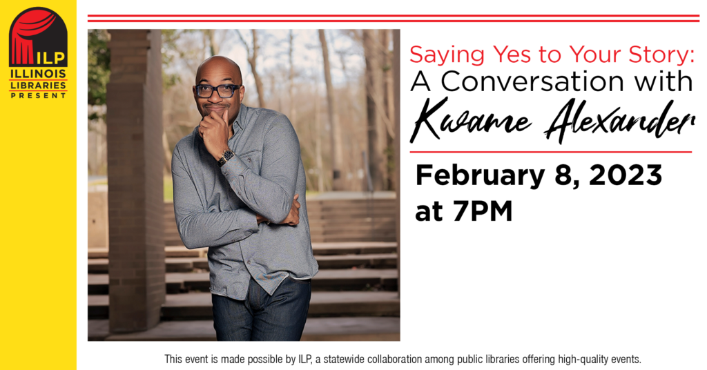 Photo of Kwame Alexander with Program information text.