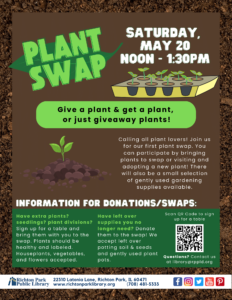 Photo of seedlings with text information about the plant swap.