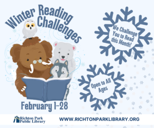 Clip art of winter animals reading a book with the text "Winter Reading Challenges. February 1-28. We challange you to read this month! Open to all ages"