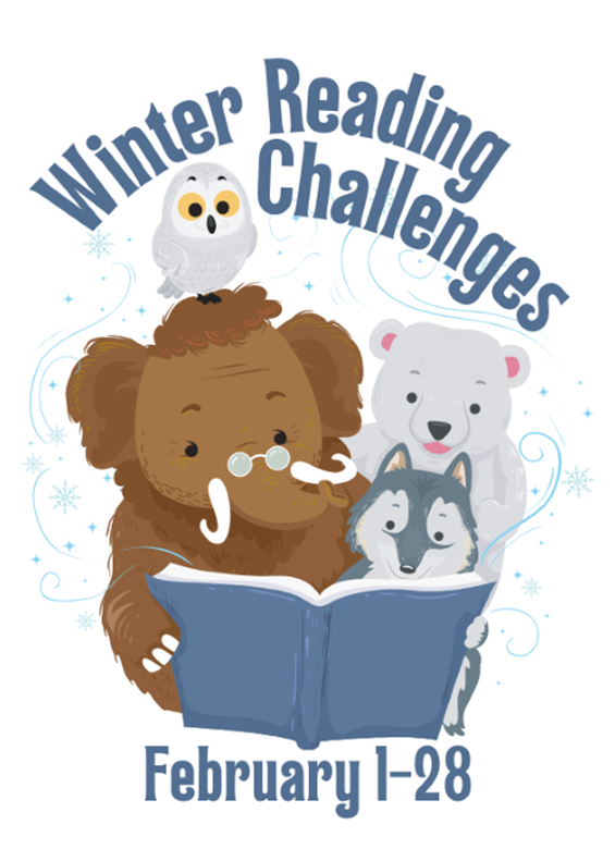 Clip art of winter animals reading a book with the text "Winter Reading Challenges. February 1-28"