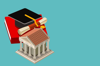 clip art of a college institution, a book, a graduation cap, and a diploma