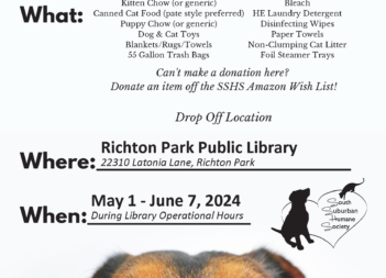 Photograph of a dog looking up over the edge of the bottom of the flyer. Remainder of flyer contains event text and logo for the South Suburban Humane Society.