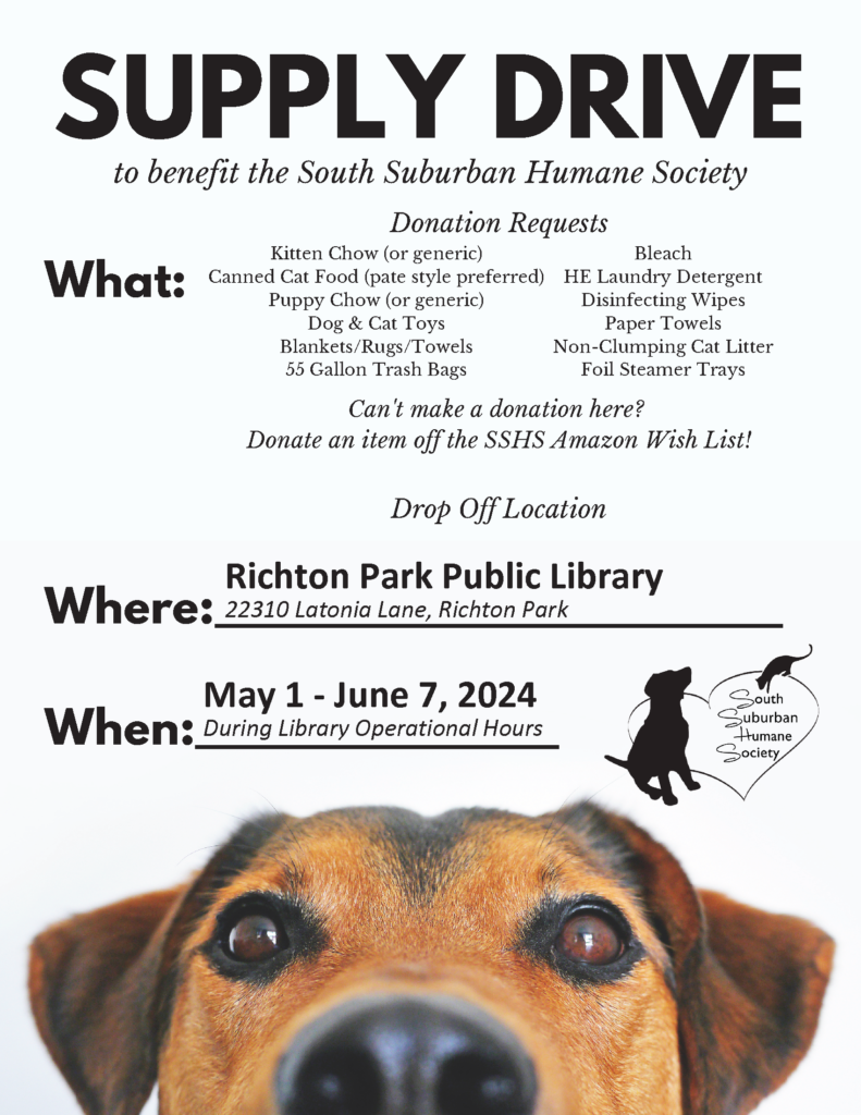 Photograph of a dog looking up over the edge of the bottom of the flyer. Remainder of flyer contains event text and logo for the South Suburban Humane Society.